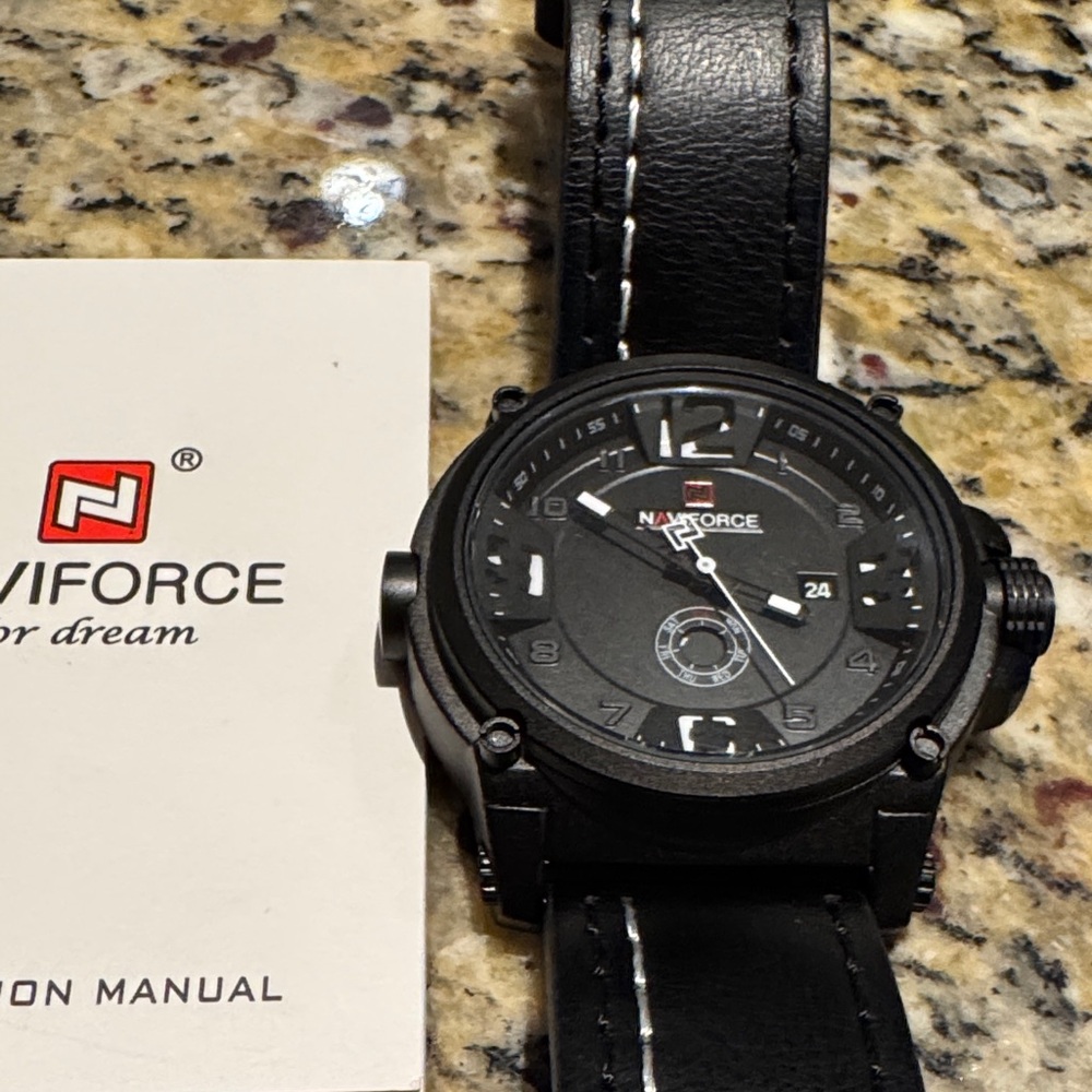 Naviforce Black Quartz Watch with White Stitching